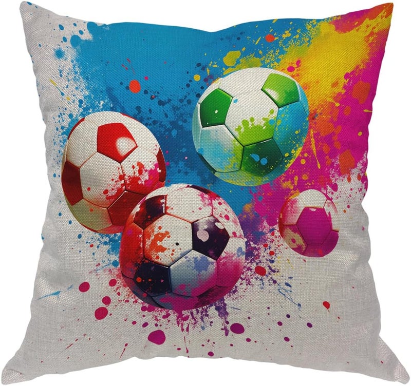 Moslion Football Pillows Decorative Throw Pillow Cover Sports Passion Rainbow Color Soccer Balls Doodle Polka Dot Pillow Case 18x18 Inch Cotton Linen Square Cushion Cover Christmas Sofa Bed - Image 1